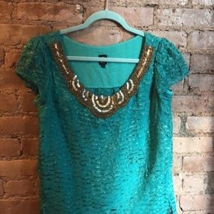 Teal top with gold sequins from Anthropologie